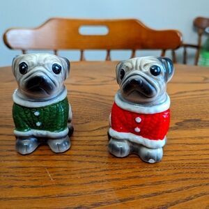 COPY - Ceramic pug salt and pepper shakers. Wearing Christmas sweaters.